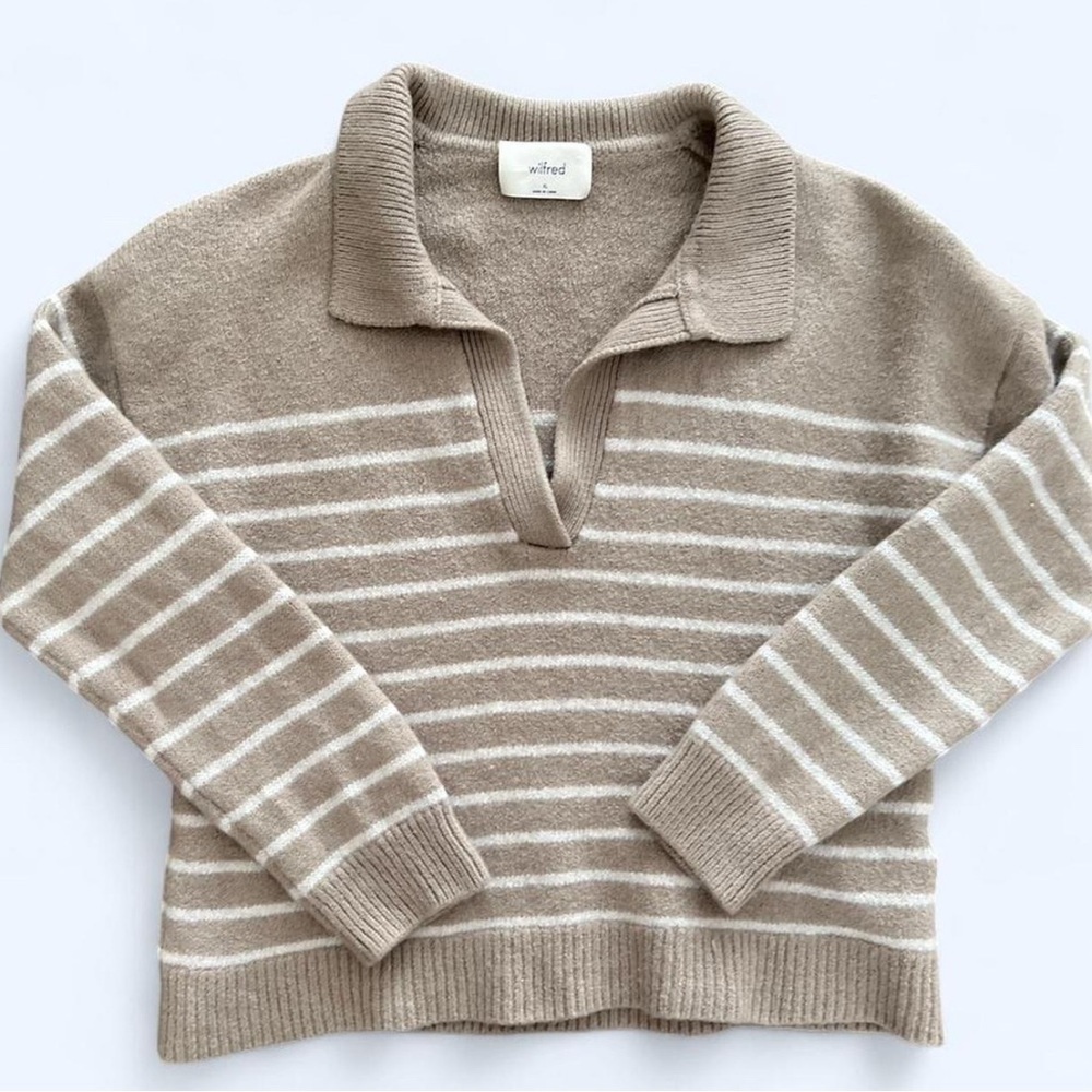 Wilfred Aritzia Tan Striped Wool Preppy Minimalist Carla Polo Sweater XL - Picture 2 of 4